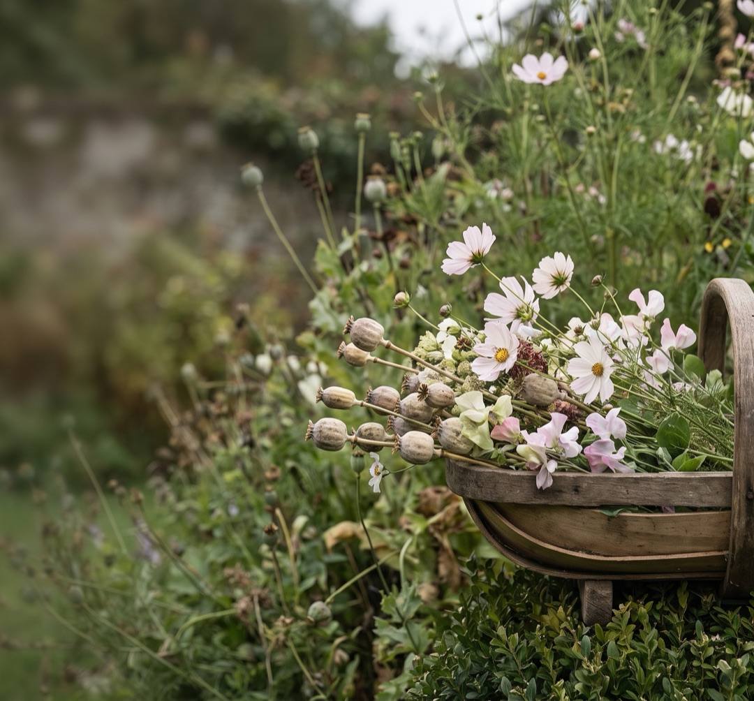 A wooden trug of freshly cut cosmos and sweet peas resting in a late summer border, gloved hands reaching for it, poppy seed heads gone over behind.